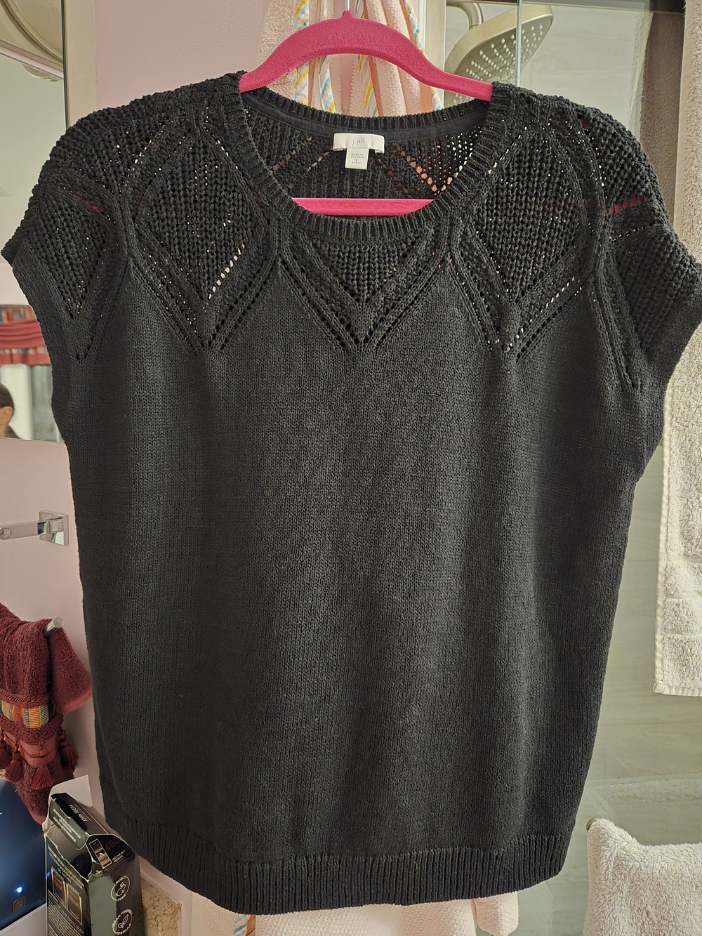 J. Jill Black Short-Sleeve Crew-Neck Cotton Blend Knit Sweater Small Petite
